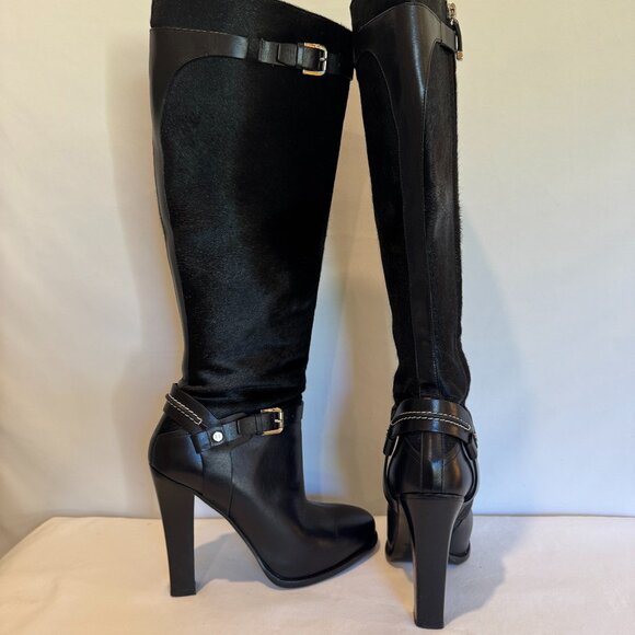 RALPH LAUREN BLACK LEATHER & PONY STACKED HEEL BOOT SIZE: 8-1/2B - Picture 7 of 13